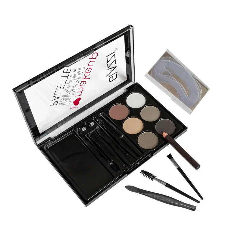 GLAZZI eyebrow palette with six shades, stencils, and brushes for perfect eyebrows