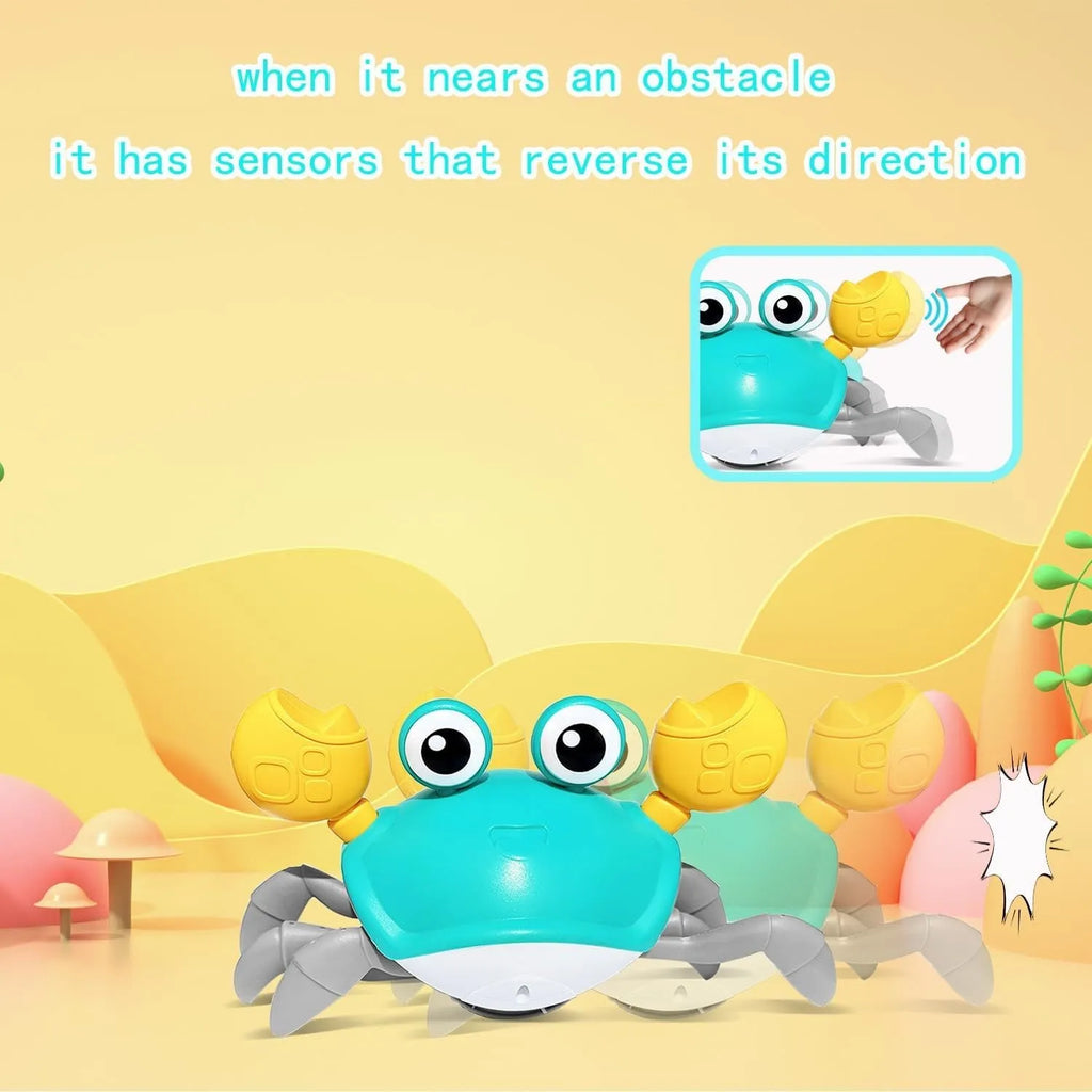 Blue or red electronic crab toy for dogs and cats with lights, shown on a surface.