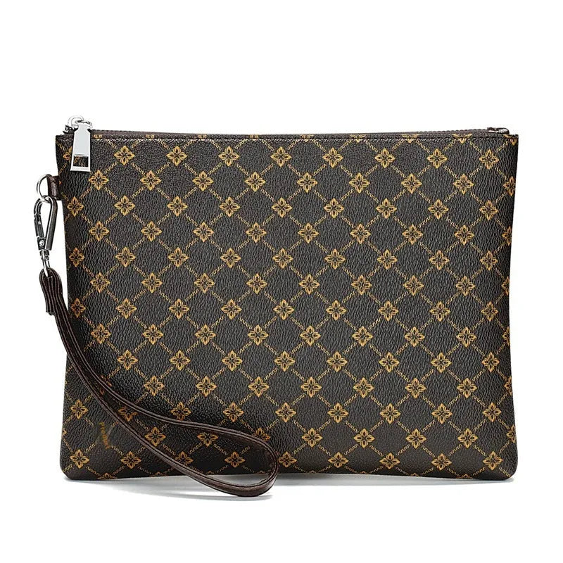 Men's clutch bag in gingham check pattern with soft PU leather, horizontal square shape, and shoulder strap
