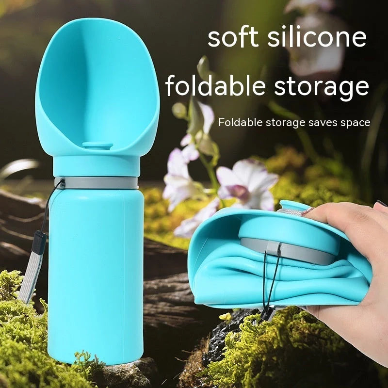 Folding pet water bottle in blue and grey, leak-proof design for outdoor use