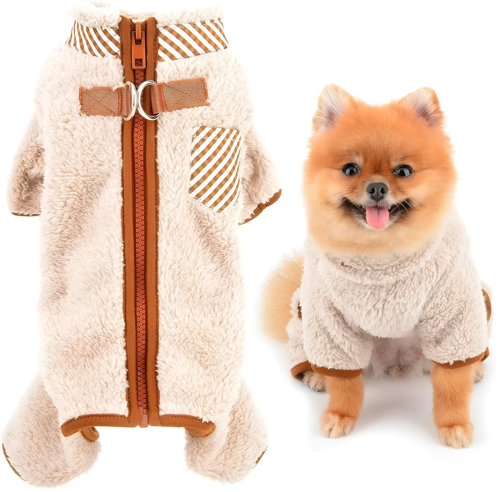 Green plush fleece dog jumpsuit on a small dog, showing zipper back and leg coverage.