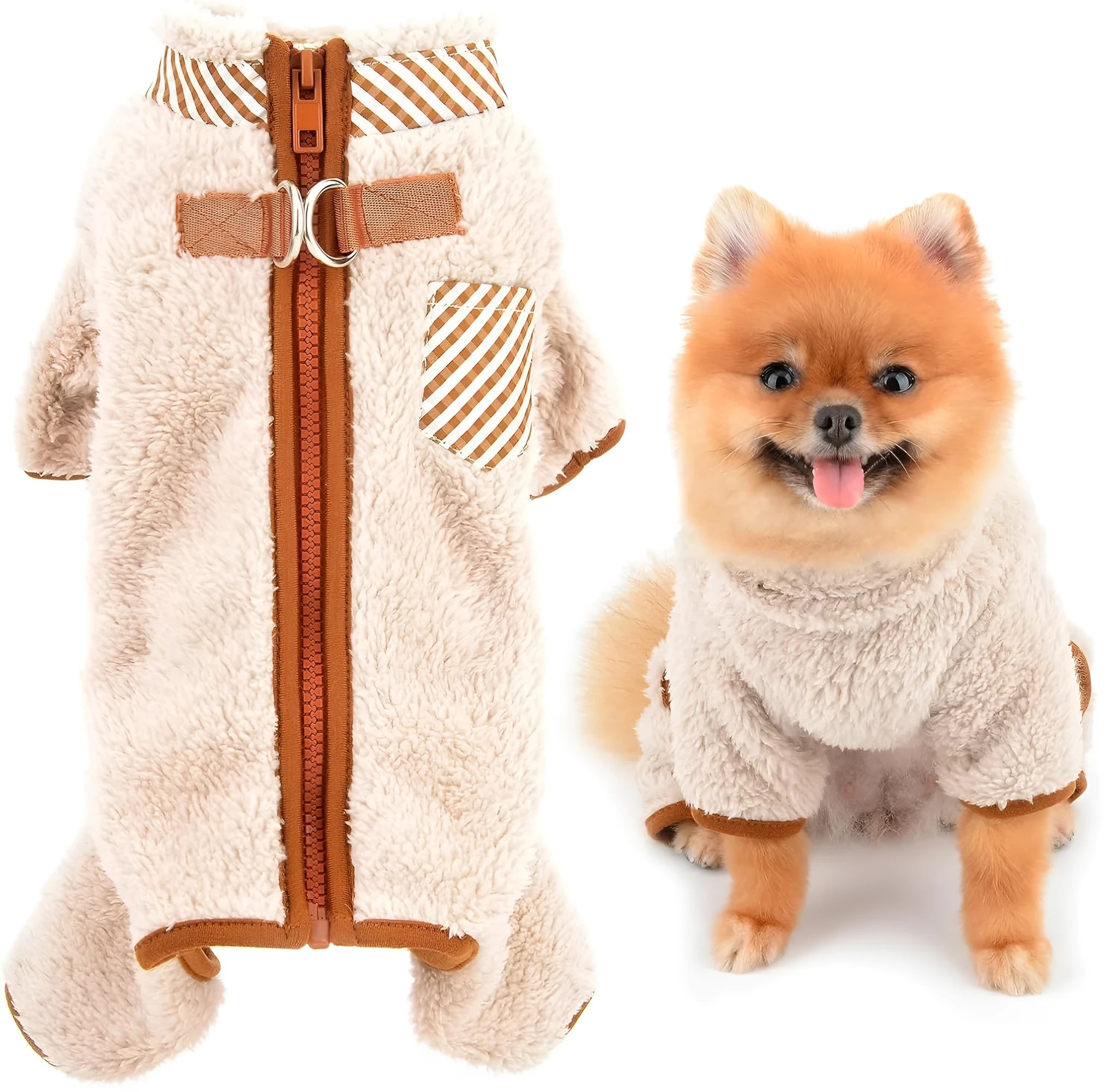 Green plush fleece dog jumpsuit on a small dog, showing zipper back and leg coverage.