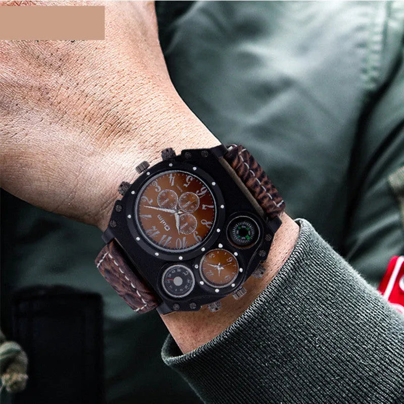 Two Places Travel Time Watch casual mens with brown/black dial, luminous hands, PU strap