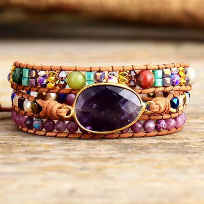 Ethnic Style Red Wood Grain Leather Rope Crystal Bracelet with semi-precious stones