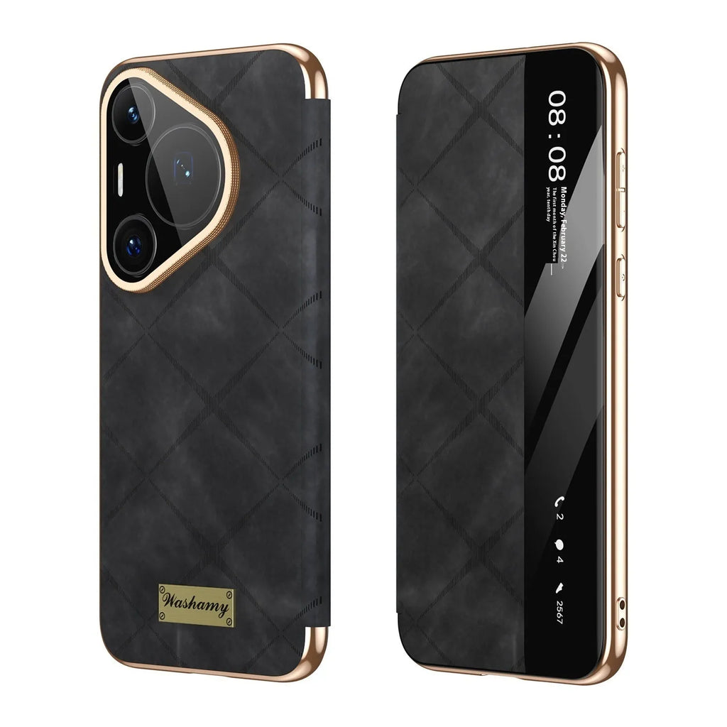 Electroplated diamond grid anti-fingerprint Huawei phone case in imitation leather.