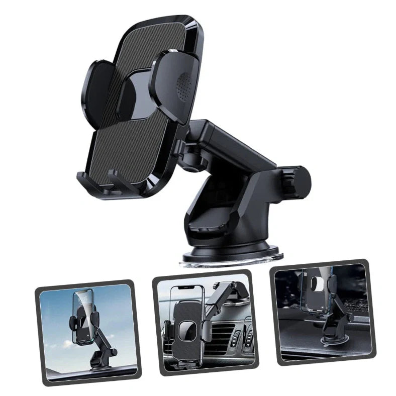 Gravity-activated car phone mount with enhanced suction cup attached to windshield holding smartphone