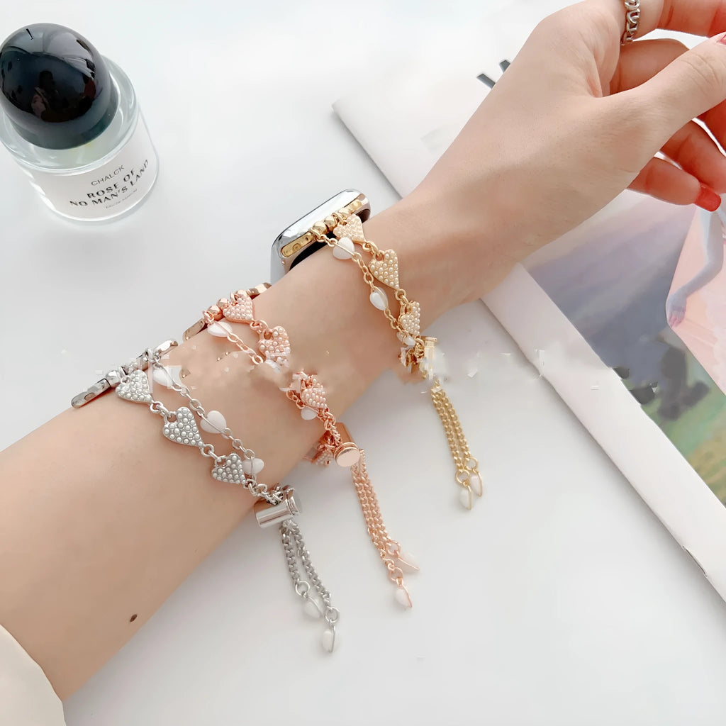 Love Bracelet Pearl Chain Metal Strap Watch Band for 38mm to 49mm smartwatch in gold finish