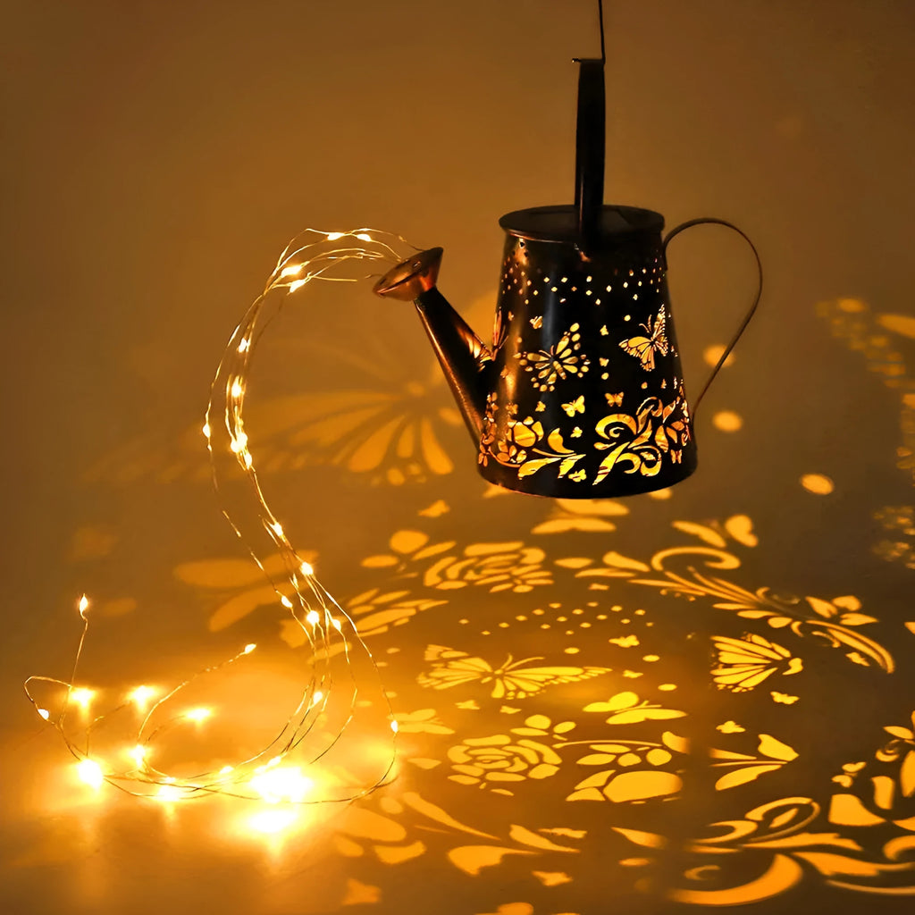 Iron solar garden lamp with pastoral butterfly pattern and warm white LED light.