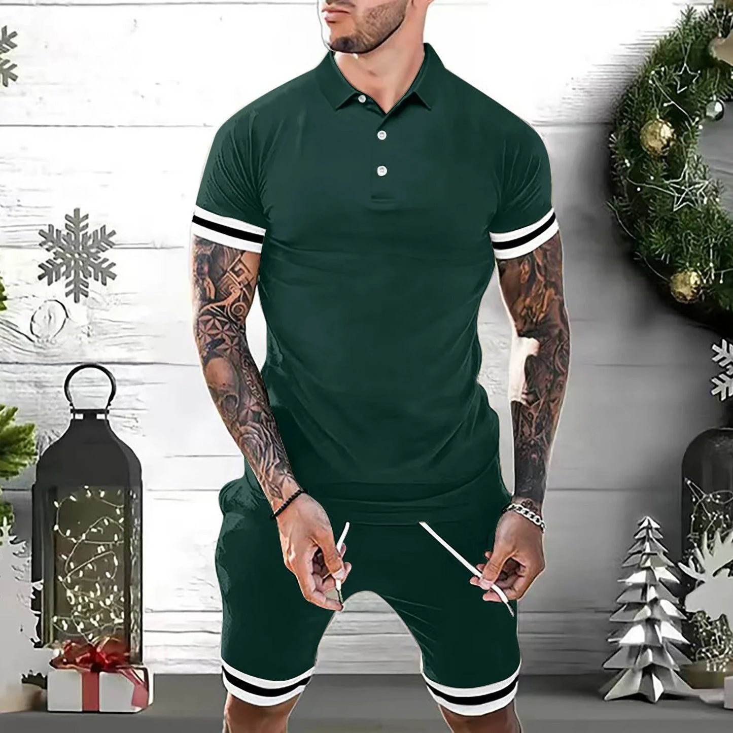 Stylish men's casual summer outfit with polo shirt and matching shorts in various colors