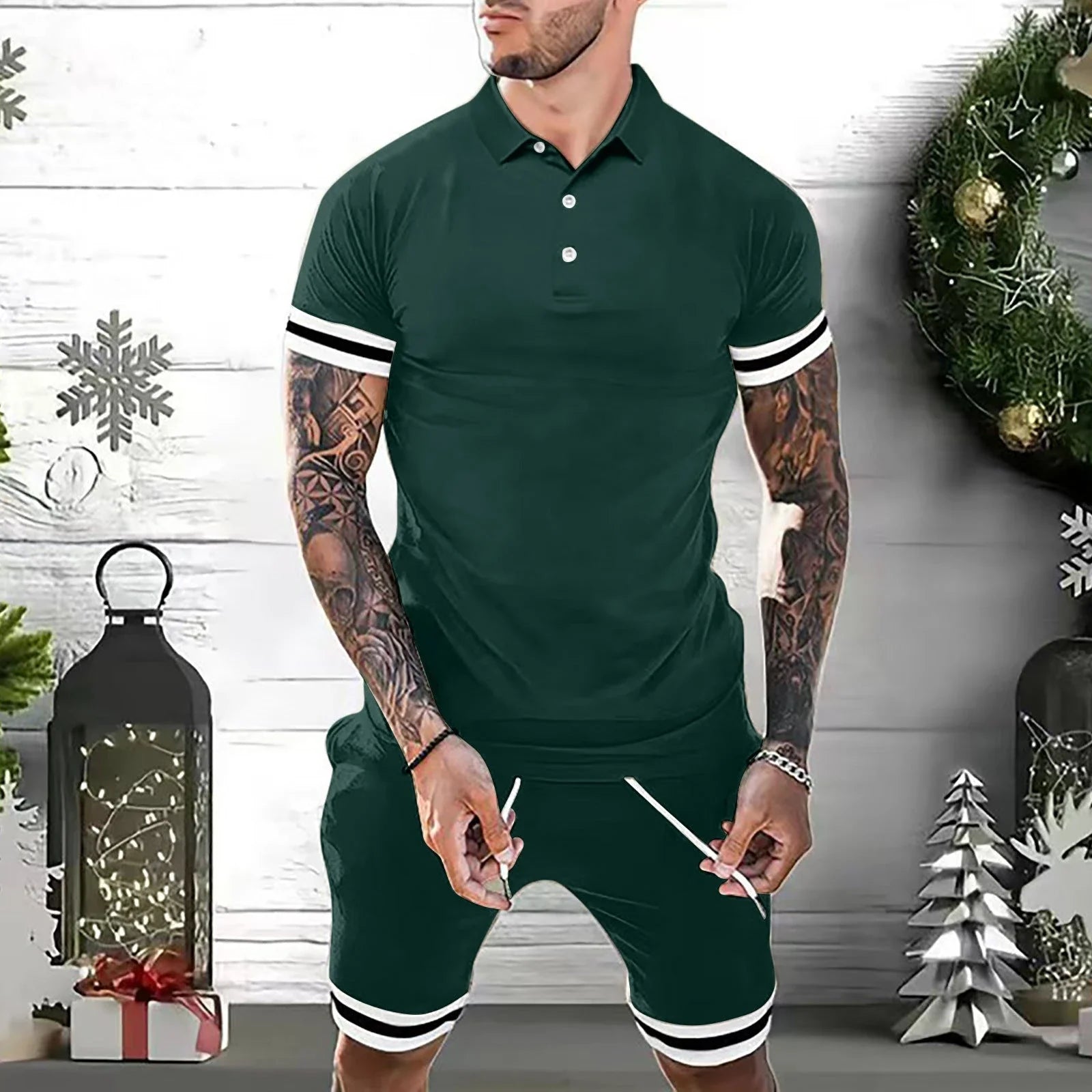 Stylish men's casual summer outfit with polo shirt and matching shorts in various colors