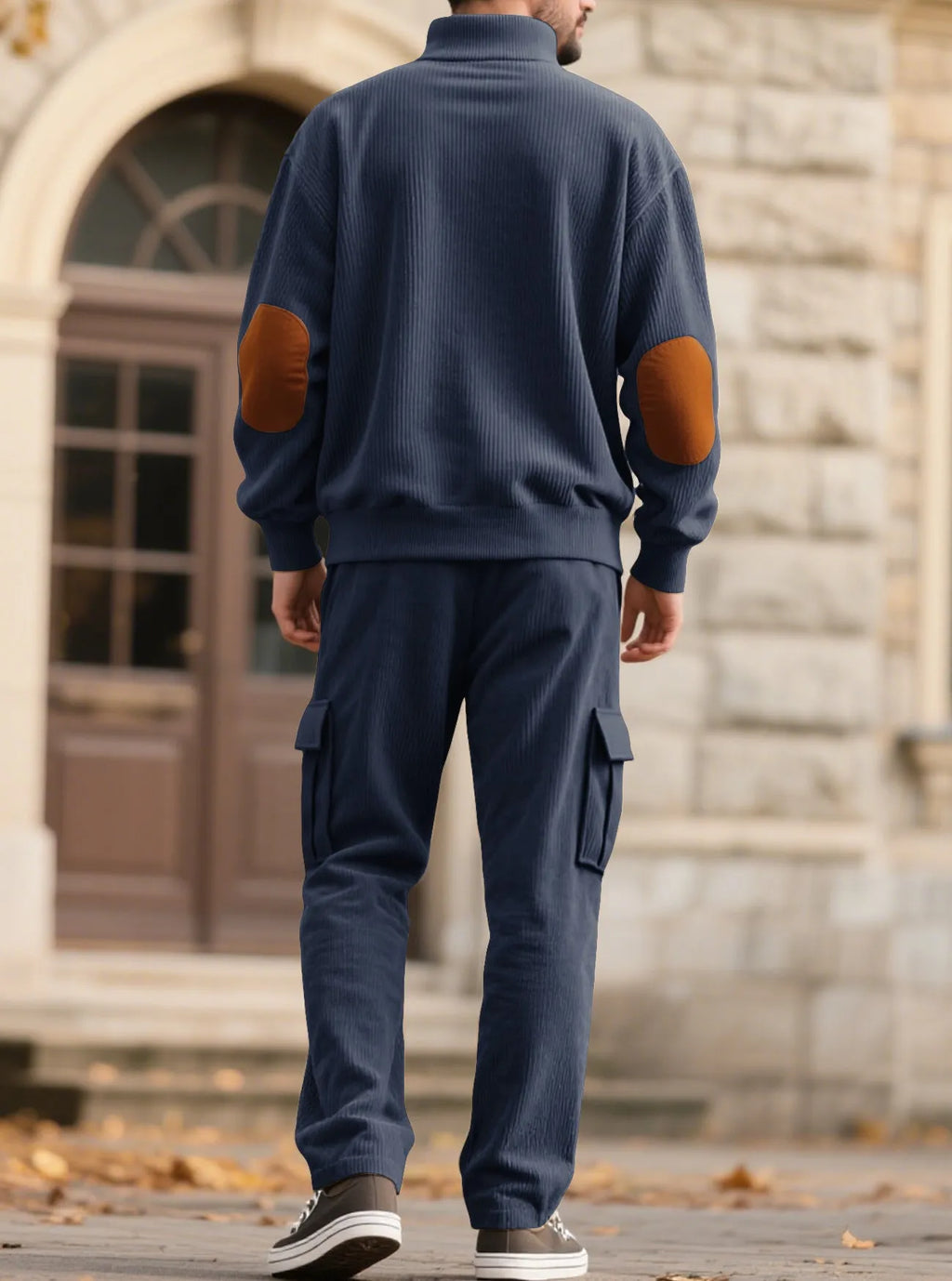 Corduroy sweatshirt and sweatpants set in army green, stand collar pullover style, front view showing long sleeves and full-length trousers