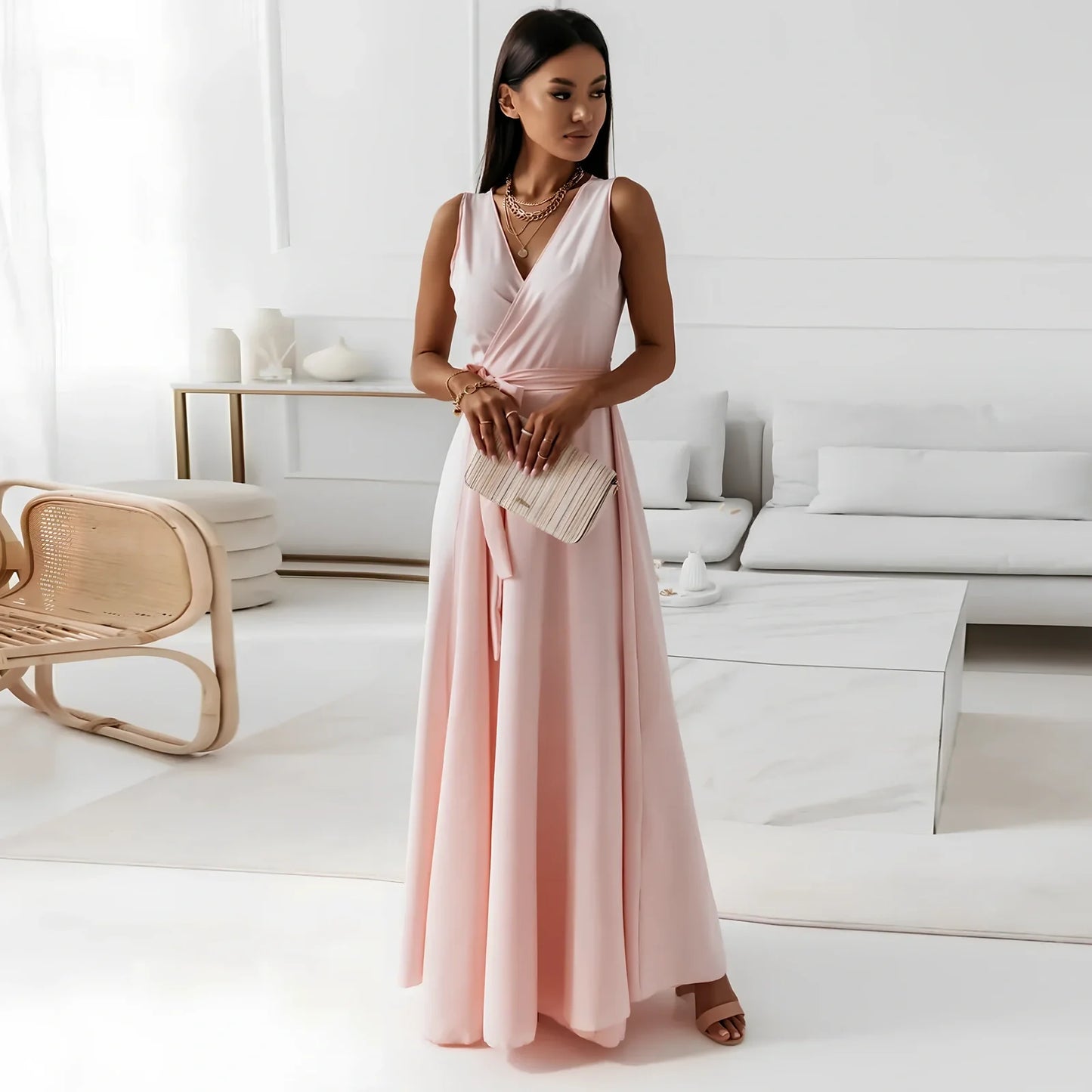 Women’s V-neck sleeveless maxi dress in navy blue with mid-waist belt, polyester fabric, length 144cm size M for party wear