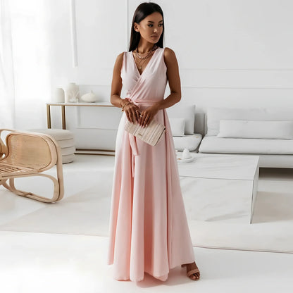 Women’s V-neck sleeveless maxi dress in navy blue with mid-waist belt, polyester fabric, length 144cm size M for party wear