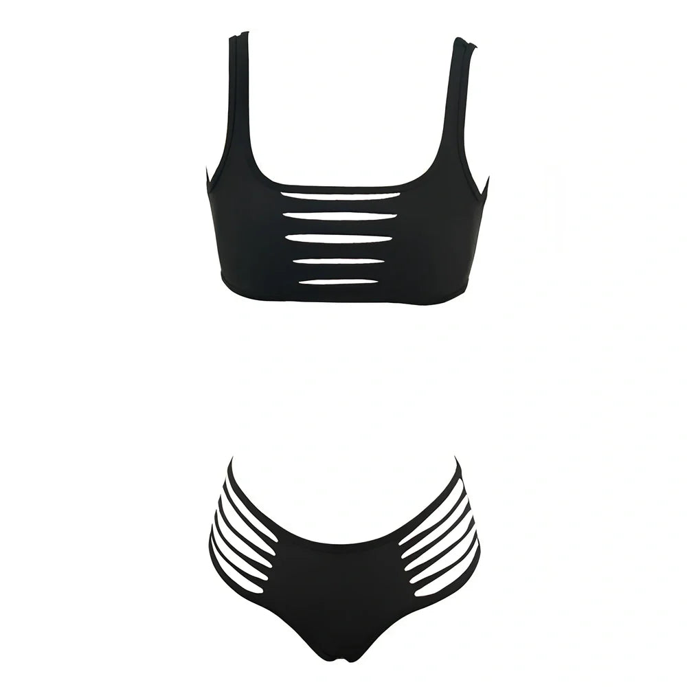 Black split bikini swimsuit set with Lycra lining, high elasticity, sizes S-XL for women swimming