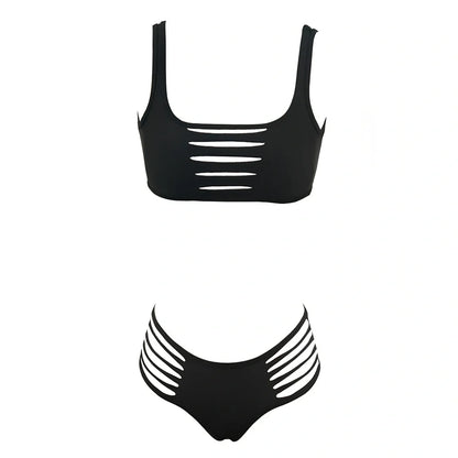 Black split bikini swimsuit set with Lycra lining, high elasticity, sizes S-XL for women swimming