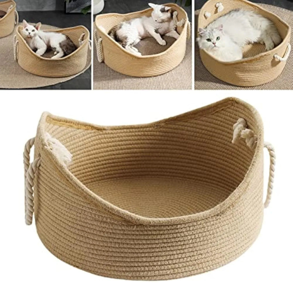 Wicker cat bed basket with integrated scratching board in two size options
