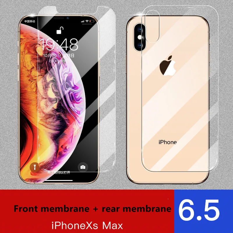 iPhone tempered glass screen protector and rear camera protector film set for 11, X, and XS models.