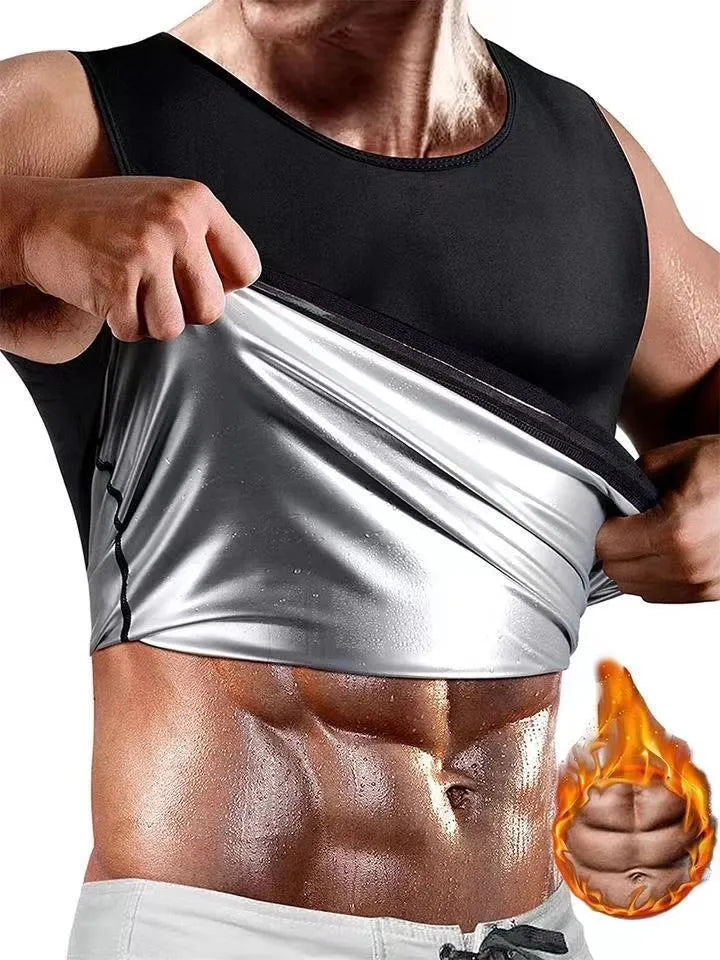 Silver-painted seamless U-neck sweat vest for men and women in milk silk and spandex, showing waist support and body sculpting fit.