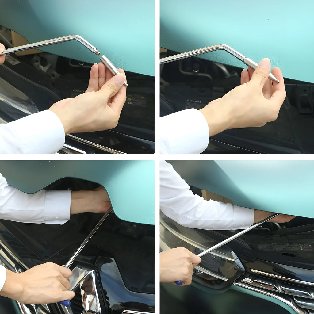 Three-piece alloy steel car dent repair tool set with a hook crowbar on a workshop bench.