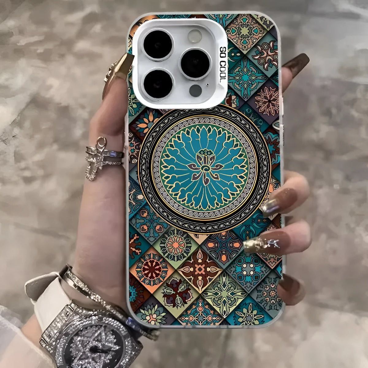 Hard PC phone case with ethnic pattern matte finish in silver colour for iPhone