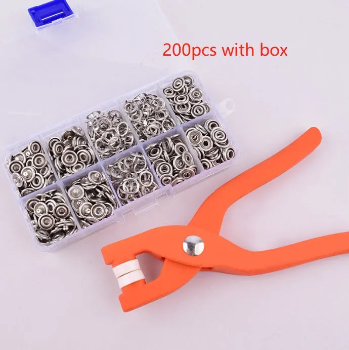 Stainless steel five-claw no-sew buttons and pliers for children's clothing.