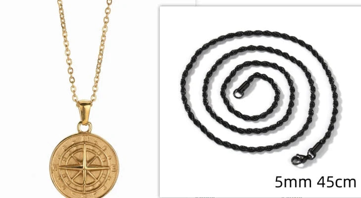 Stainless steel compass circular necklace with electroplated finish in gold and steel options