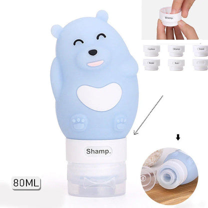 Portable travel bottles in various animal-themed designs for storing toiletries and liquids