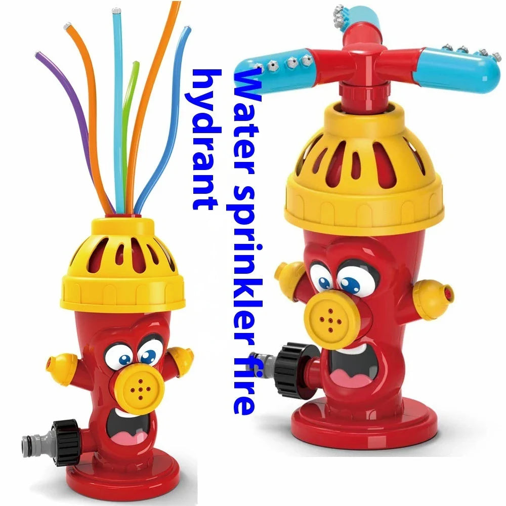 Colorful outdoor sprinkler toy with various water spray designs for backyard summer fun