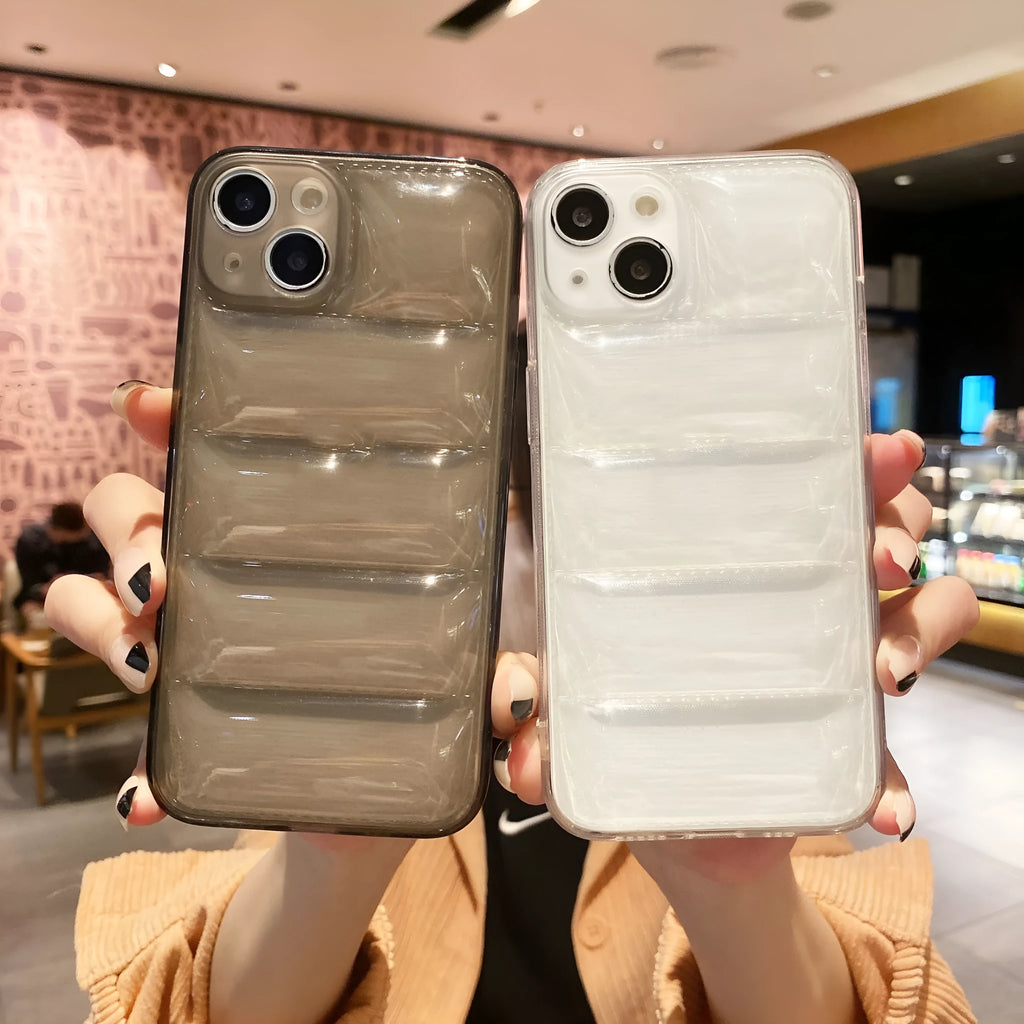 Transparent TPU phone case with down jacket texture for iPhone 15, shockproof air cushion design