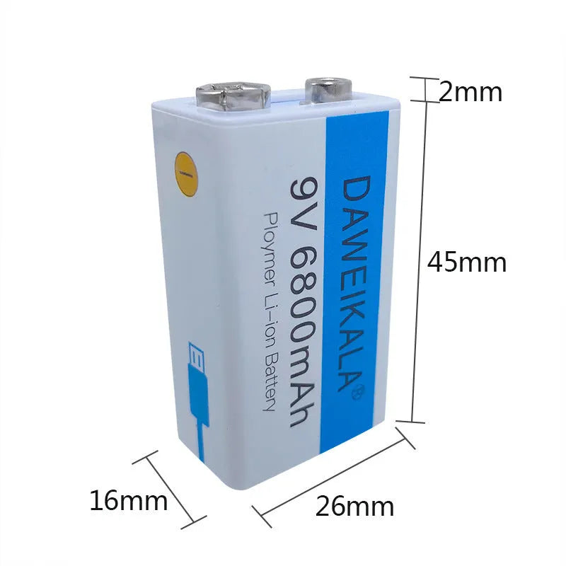 9V rechargeable lithium-ion battery with USB cable for multimeter, 5500mAh, compact 50x30x20mm