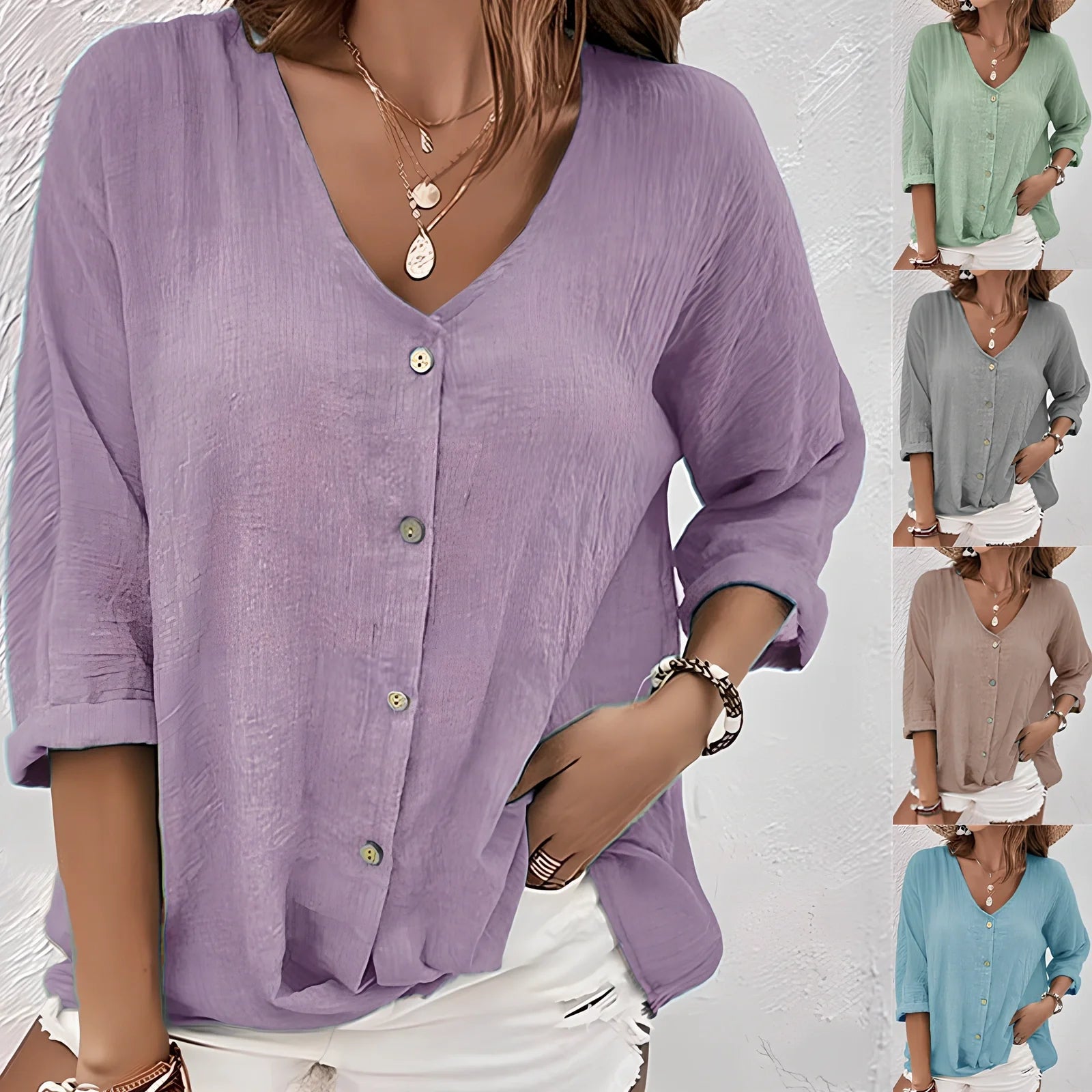 Women's loose V-neck long-sleeved T-shirt in navy blue, button front, polyester fabric, size M with 115cm bust fit