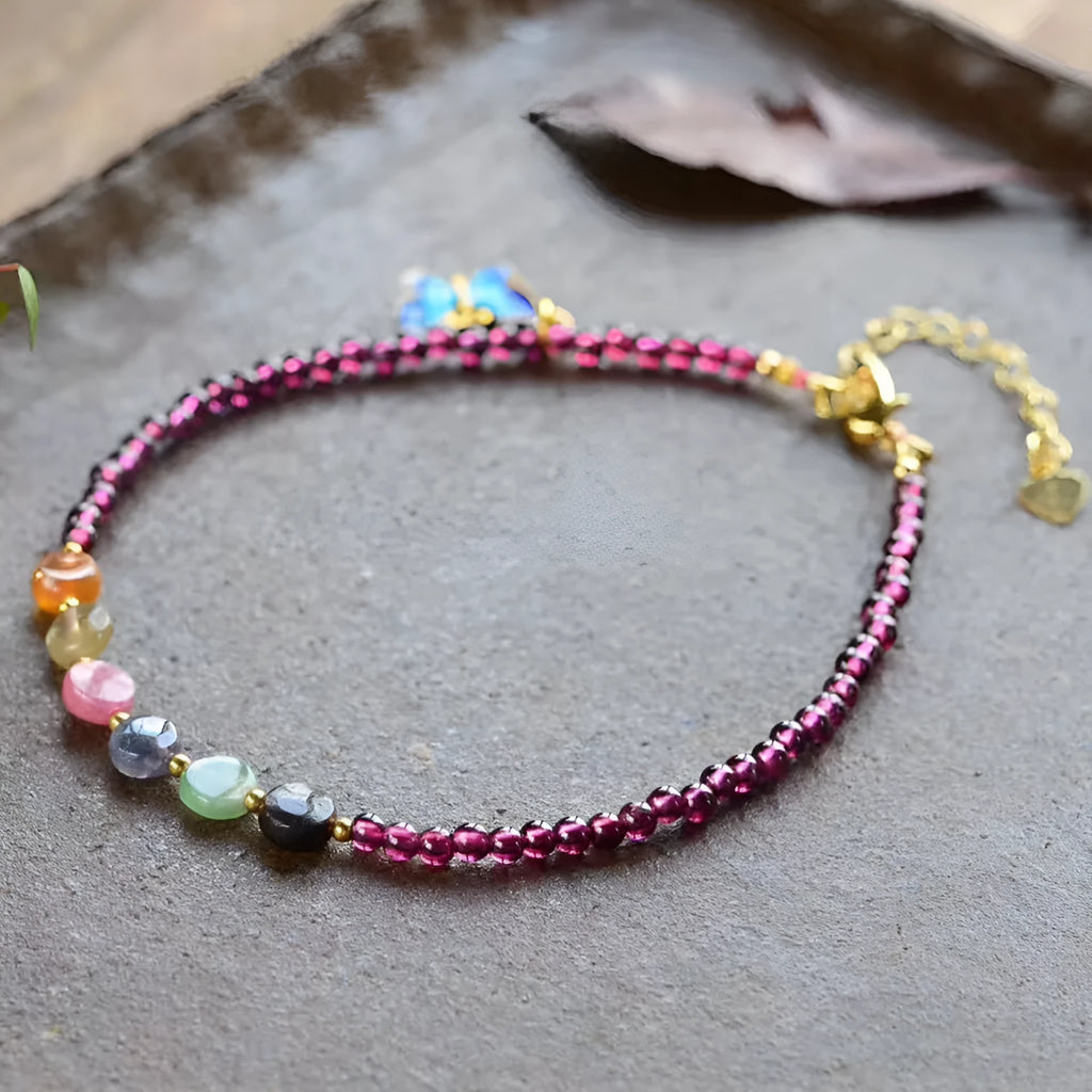 Purple garnet ethnic geometric anklet for women with adjustable chain