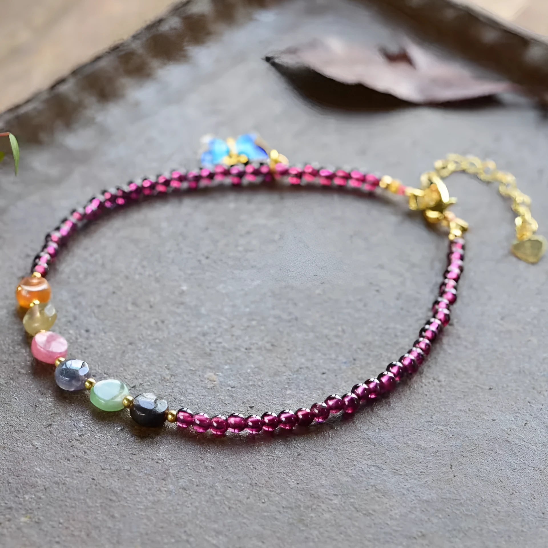Purple garnet ethnic geometric anklet for women with adjustable chain