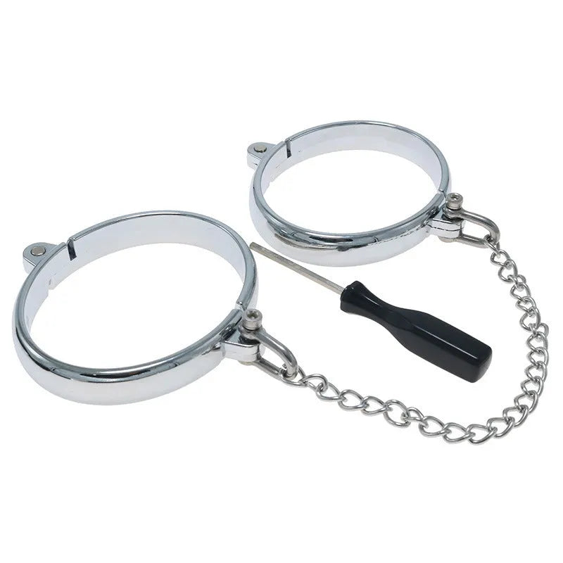 Silver zinc alloy handcuffs and footcuffs with stainless steel chain links bondage set