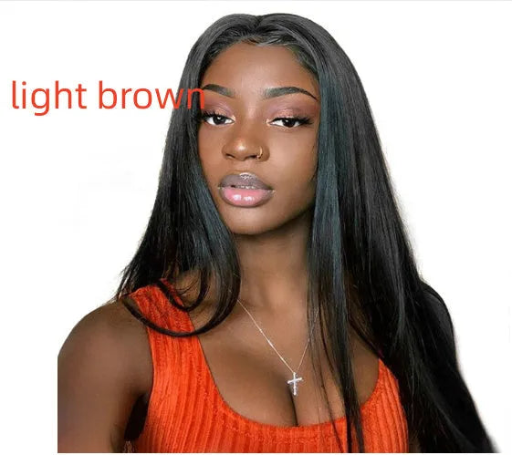 Long straight synthetic wig with centre-parted bangs in black high-temperature fibre material for women