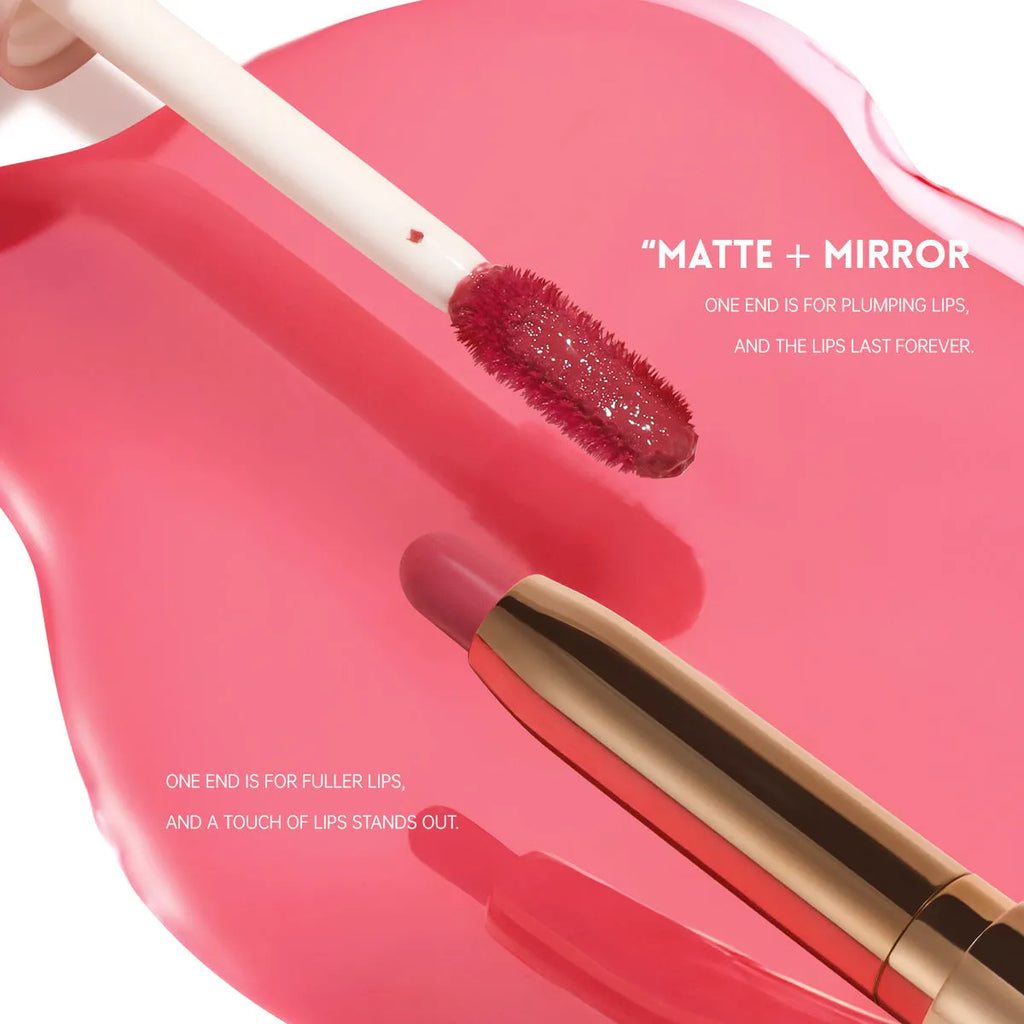 Double-ended lipstick and lip gloss set showing matte and glossy ends in one of ten available colour shades