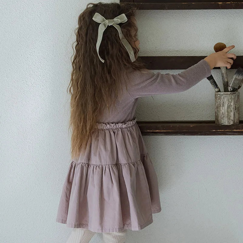 Girl's solid colour cotton princess dress with lace layering stitching, long sleeves, lotus root starch colour