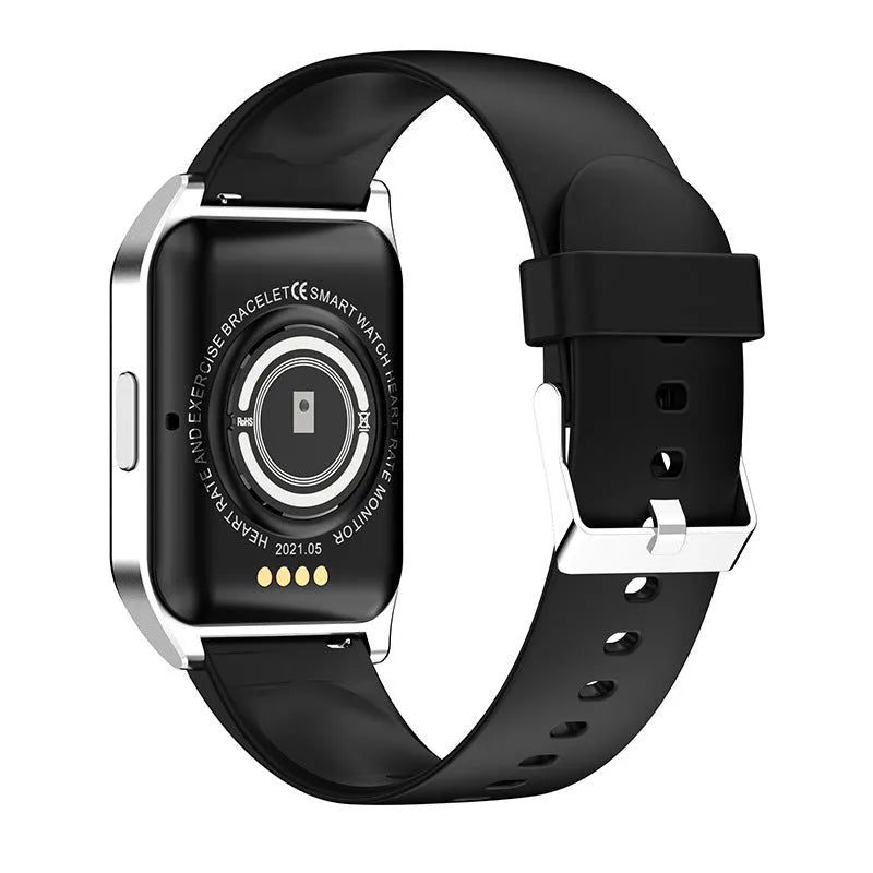 Black smart watch with 1.69-inch touch screen displaying heart rate data on silicone wrist strap