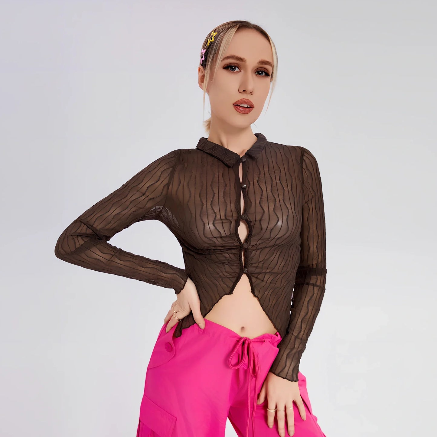 Women's black slim-fit long-sleeved lapel T-shirt, 80% polyester 20% spandex, 60cm sleeves, sizes S M L