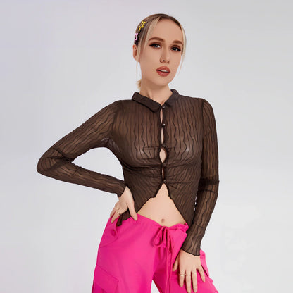 Women's black slim-fit long-sleeved lapel T-shirt, 80% polyester 20% spandex, 60cm sleeves, sizes S M L