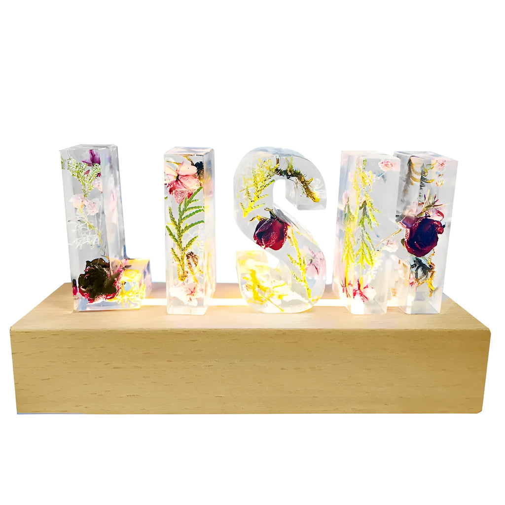White crystal epoxy night light with real dried flowers and personalised English alphabet letters