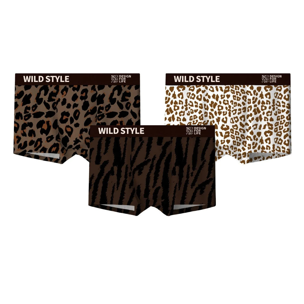 Men's leopard print ice silk underwear trousers in a folded display showing the mid waist design and patterned fabric.