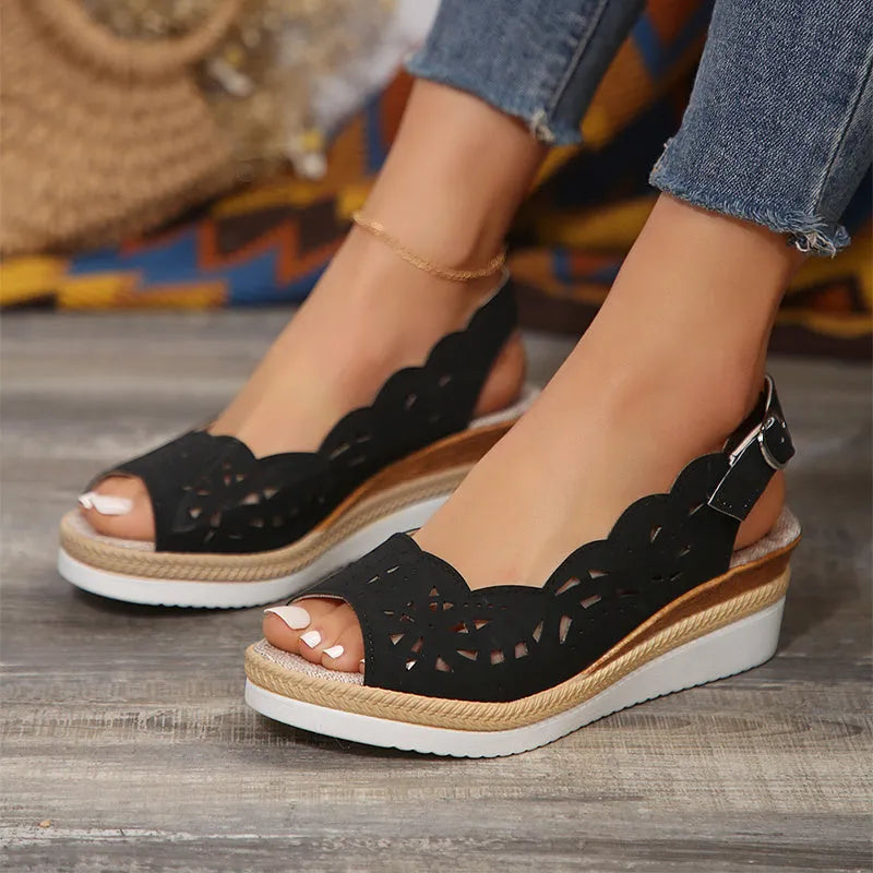 New fish-mouth wedge sandals for women summer thick sole hollow buckle roman shoes in black, light brown, red