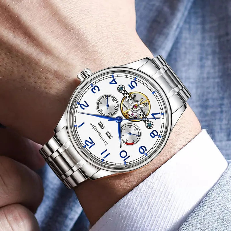 Men's stainless steel mechanical business watch with hollow skeleton design showing movement