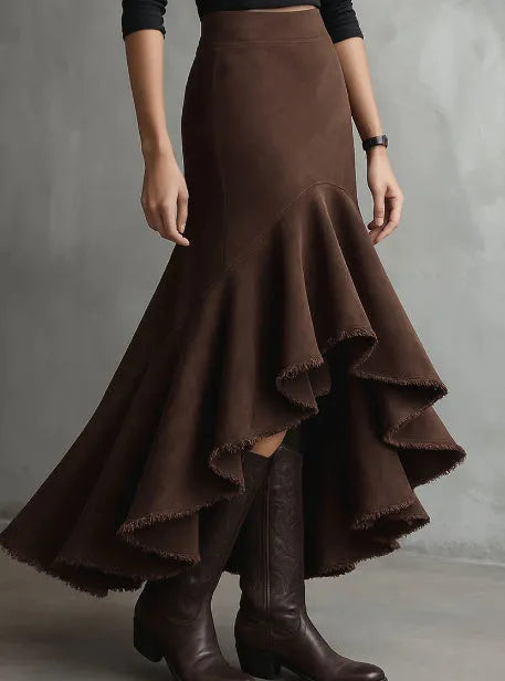 Brown women's maxi skirt with asymmetric high-low hem and western ruffle detailing