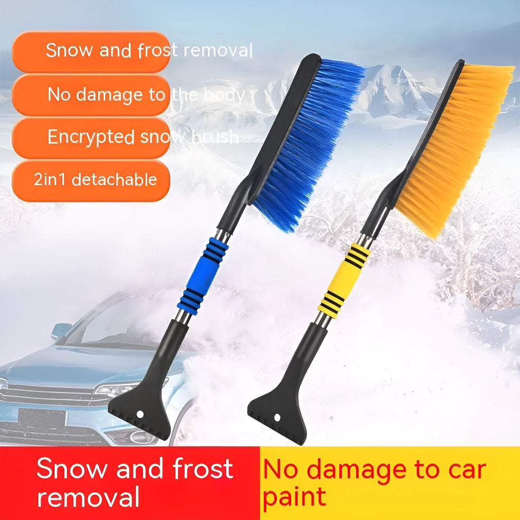 Winter car snow scraping brush with long handle for vehicle defrosting in blue and yellow colour options