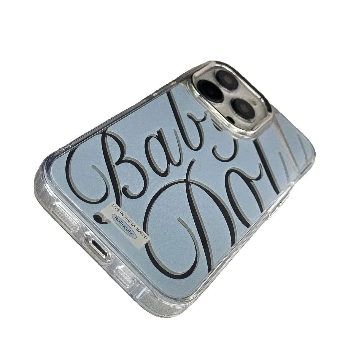 Blue transparent iPhone case with a mirror back panel showing JMKJ English lettering.