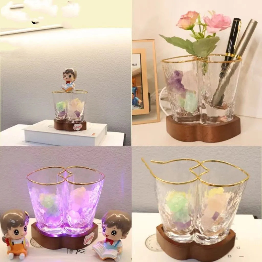 Crystal glass and beech wood aromatherapy night lamp 11.5cm high transparent USB powered home desktop decoration