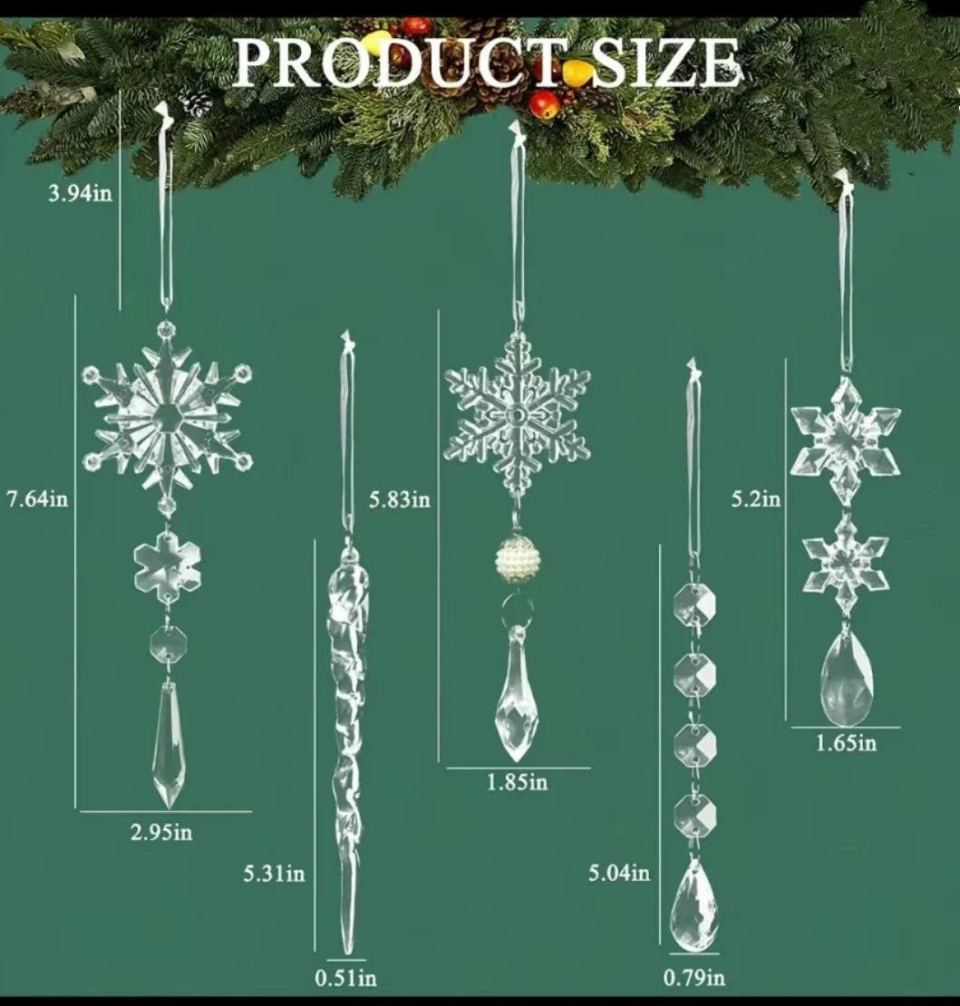 Premium clear acrylic icicle Christmas tree ornaments with hanging ribbons for versatile holiday decoration