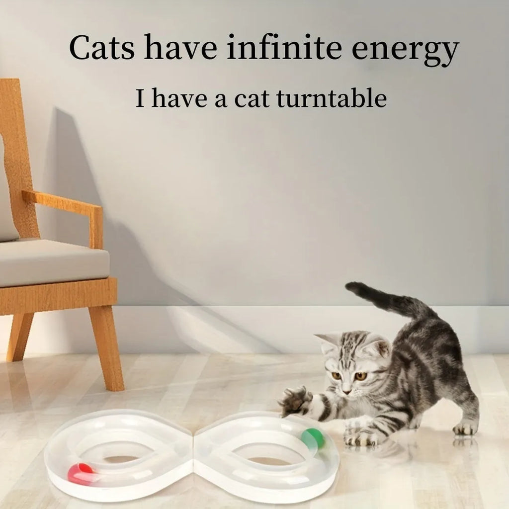 Blue interactive cat play track with turntable ball and four toy attachments on a white background.